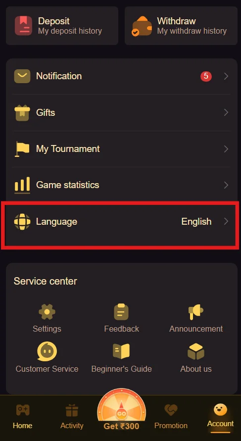 An image from the Account page with a box highlighting the Language change option.